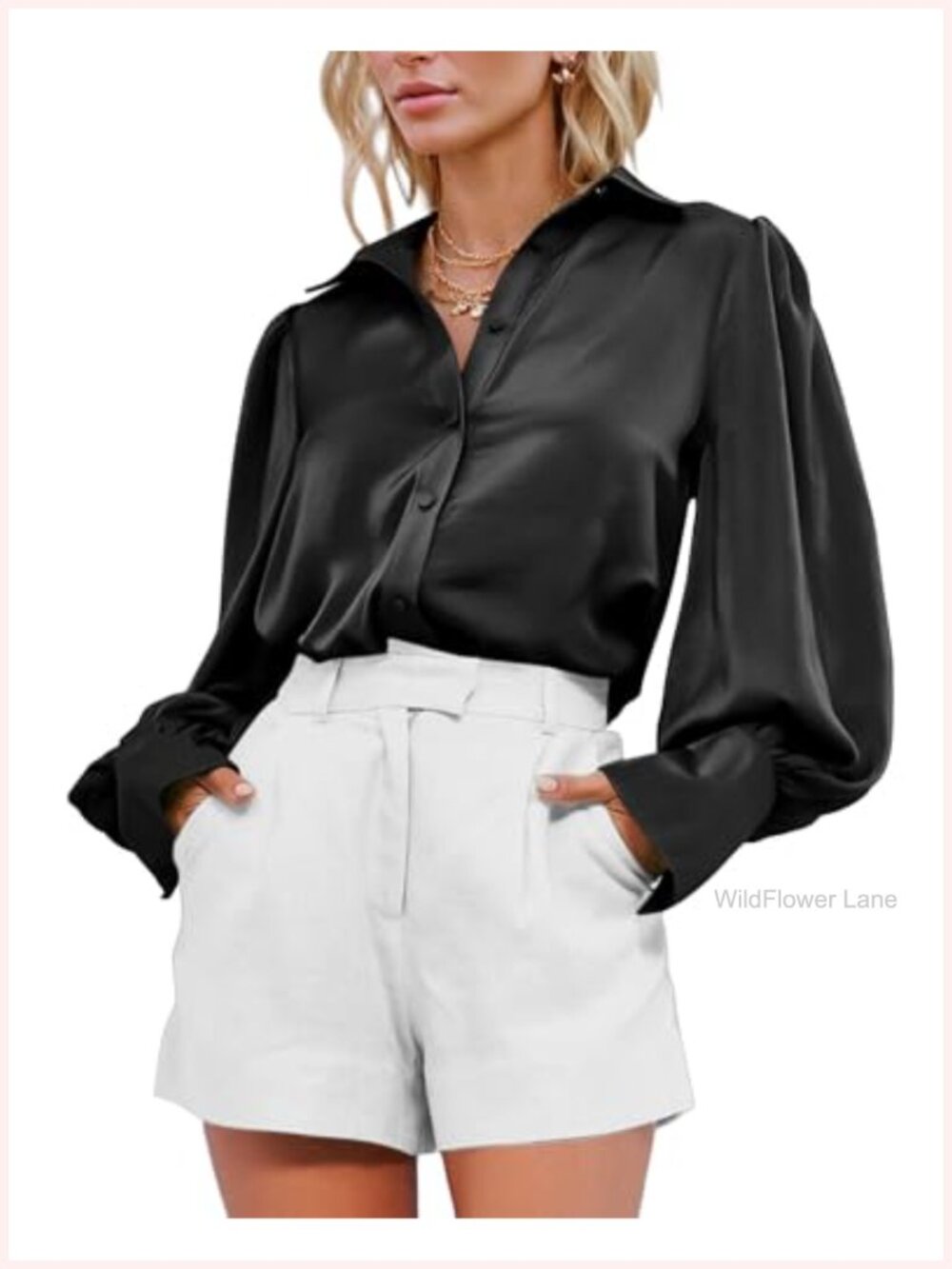 Satin Silk-Like Button Down Long Sleeve Blouse Women Dressy Casual